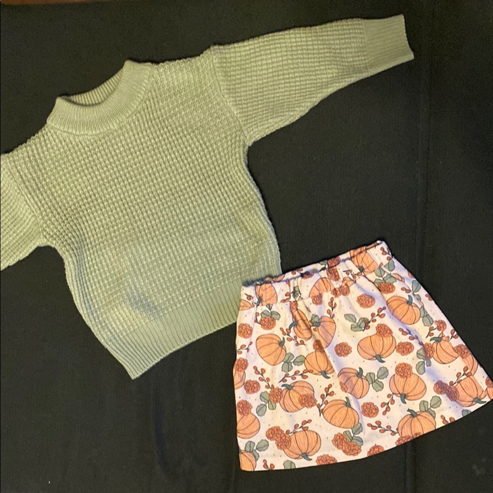 Marie Nicole Toddler Girl Size S Green Knit Sweater and Pumpkin Print Skirt Set